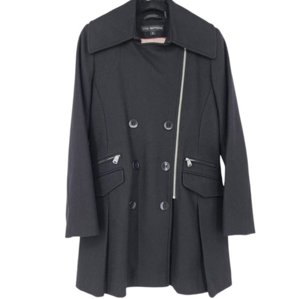 Via Spiga Black‎ Asymmetrical Zip Pleated Hem Double Breasted Wool Coat Size 14